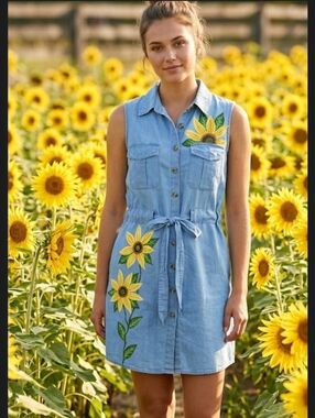 Handpainted sunflower chambray shirt dress XL one of a kind original